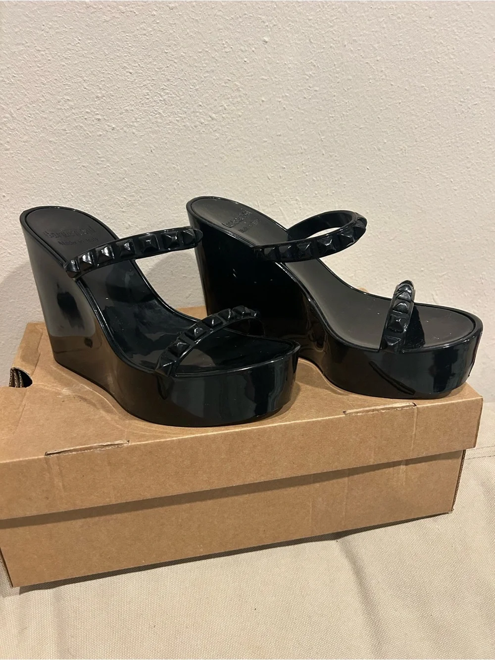 Black Platform Wedge Sandals with Studded Straps Carmen Sol